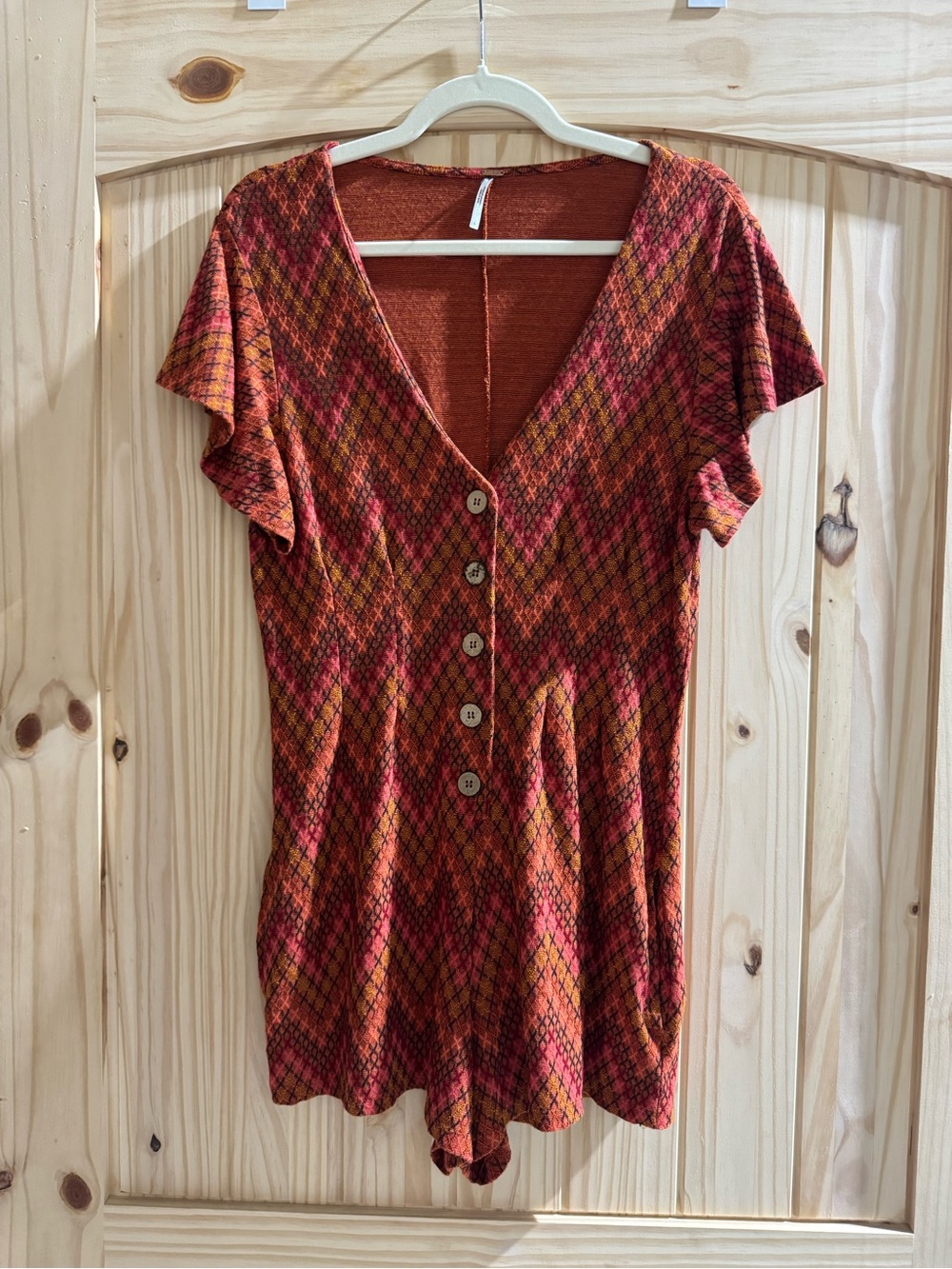 Free People Rust Orange Multi-Color Button Front Short Sleeve Romper